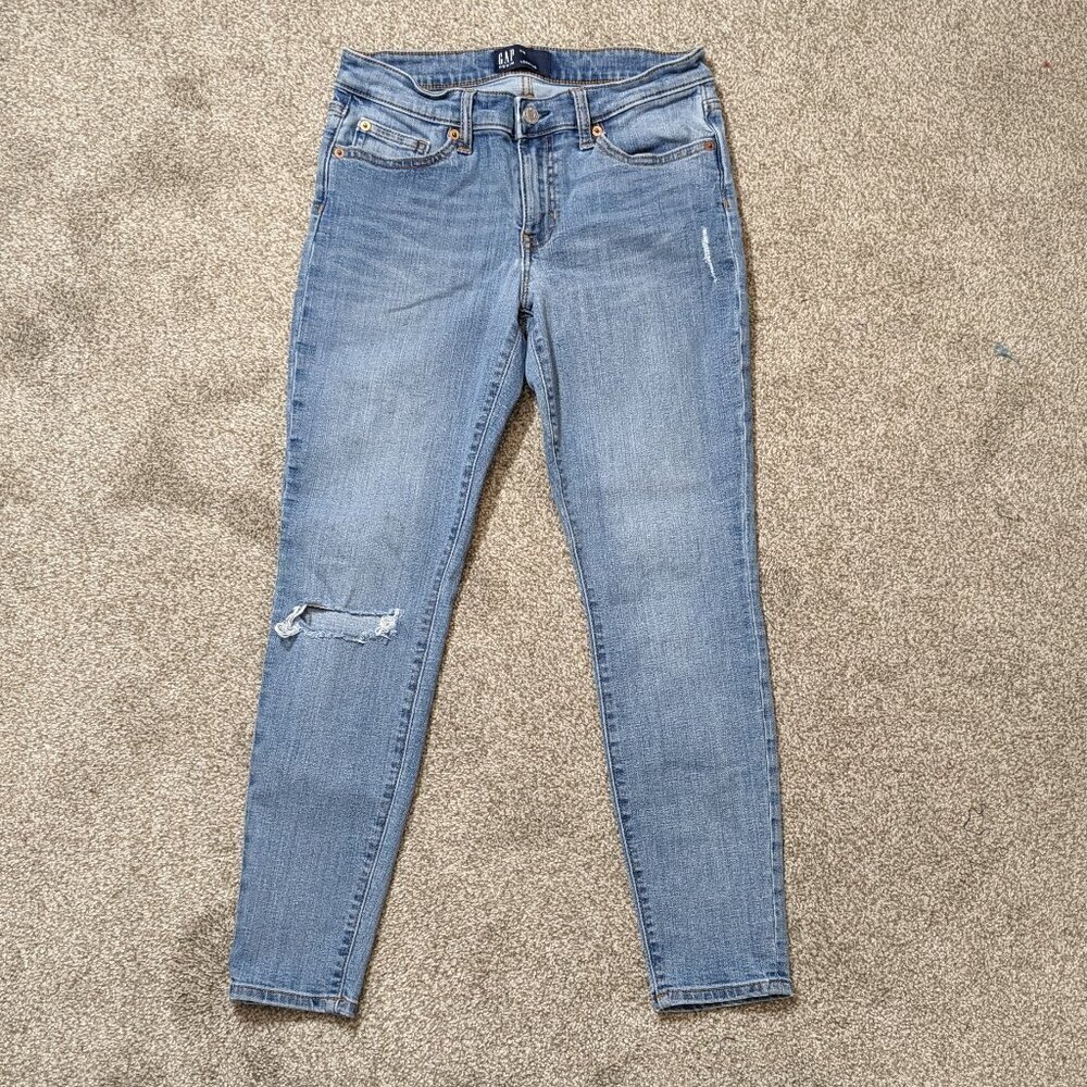 GAP "Denim Legging", Distressed Skinny Low Rise Blue Jeans w Zipper; Size 27R